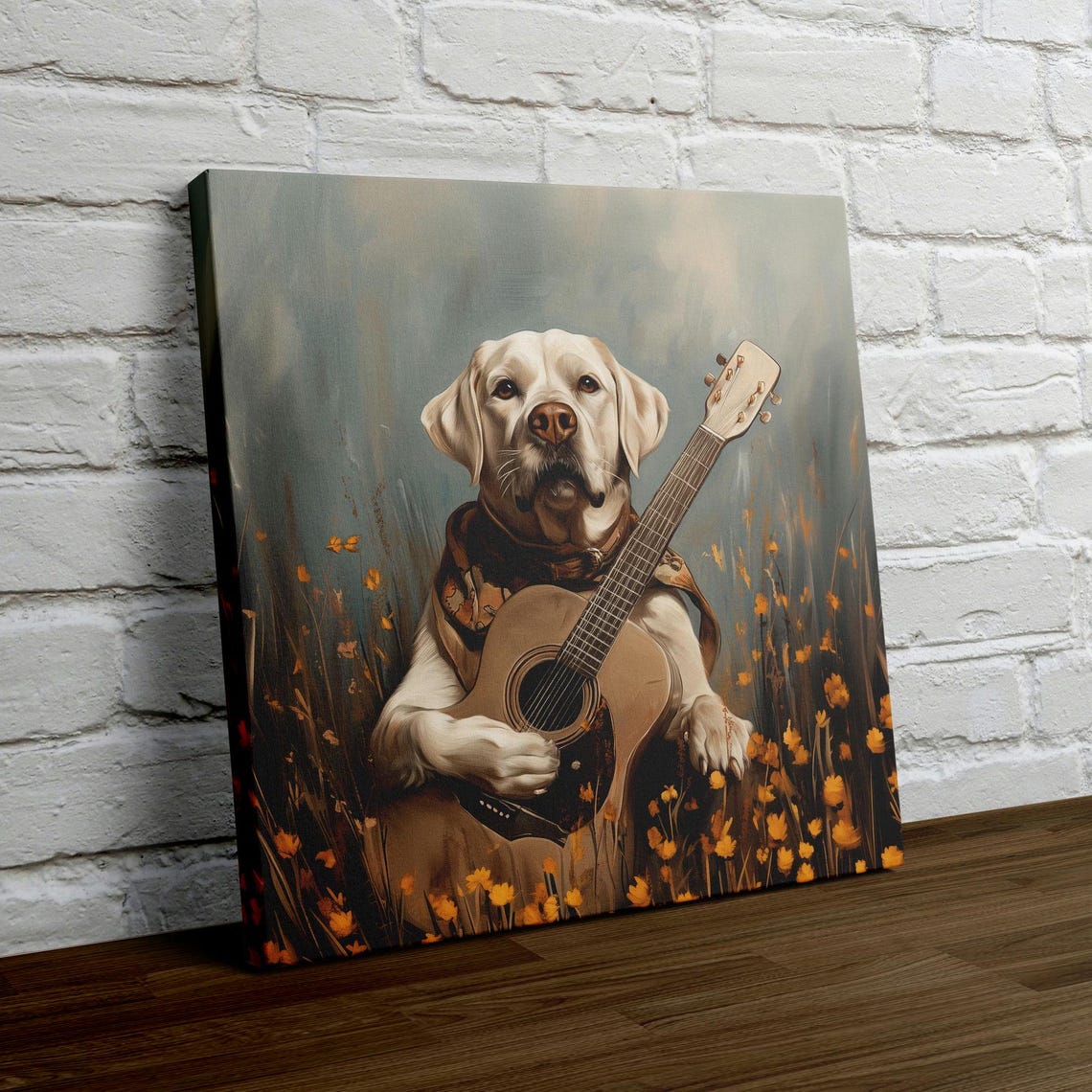 Yellow Labrador Holding A Guitar In A Wildflower Meadow Poster - Image 4