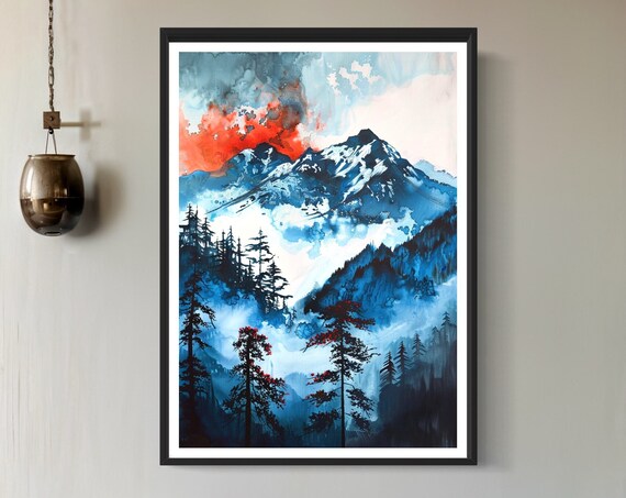 Blue Mountain Art Print Acrylic Ink Landscape Japan Travel Decor Poster Mount Fuji Watercolour Painting Forest Scene Gift For Home Office