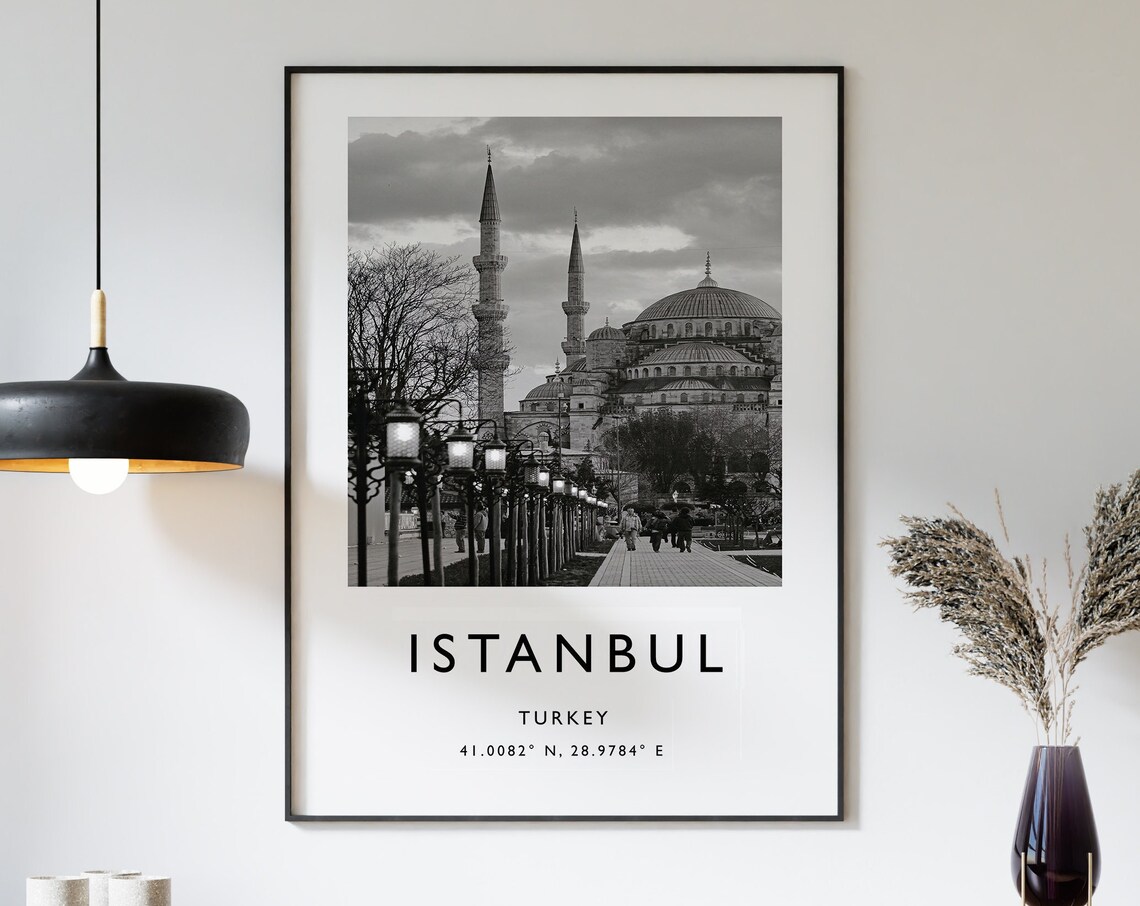 Istanbul Turkey Black and White Blue Mosque Photo Travel Poster Art