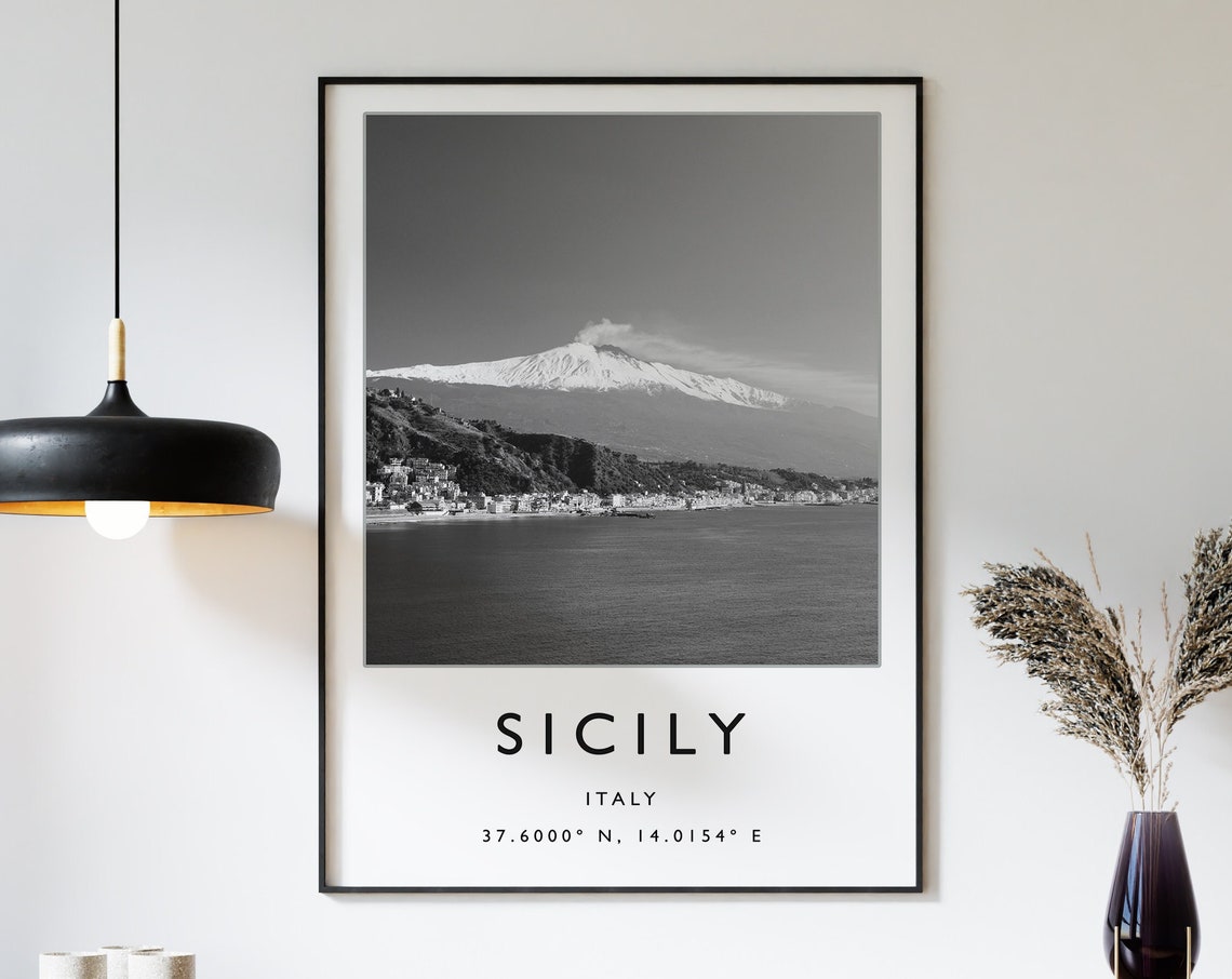 Sicily Italy Mount Etna Smoking Volcano Coast Black White Photo Poster