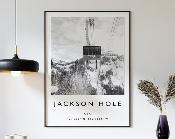 Jackson Hole USA Aerial Tram Snowy Mountain Black White Photo Poster