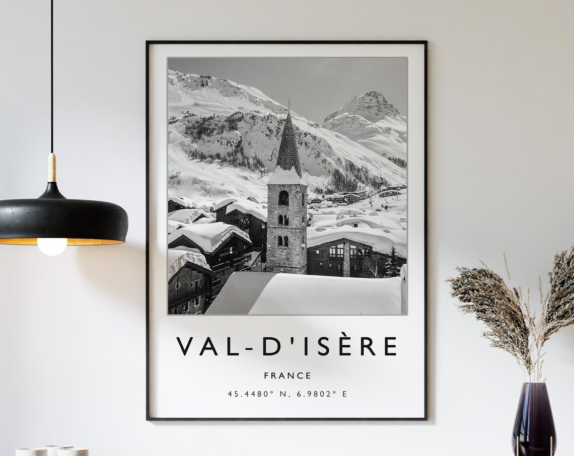 Val-d'Isère France Ski Village Black and White Church Travel Poster