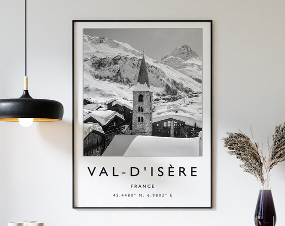 Val-d'Isère France Ski Village Black and White Church Travel Poster