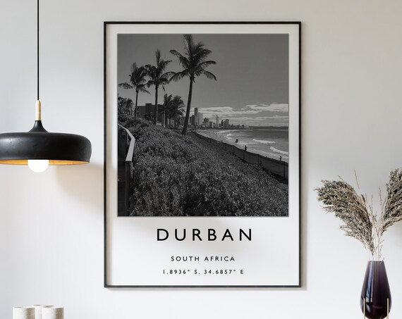 Durban Travel Print Durban South Africa Travel Poster Africa Travel Print Travel Art Travel Poster Black And White Gift A2a3a3