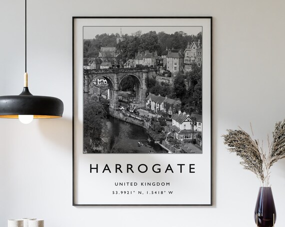 Harrogate England Stone Viaduct River Black White Travel Poster