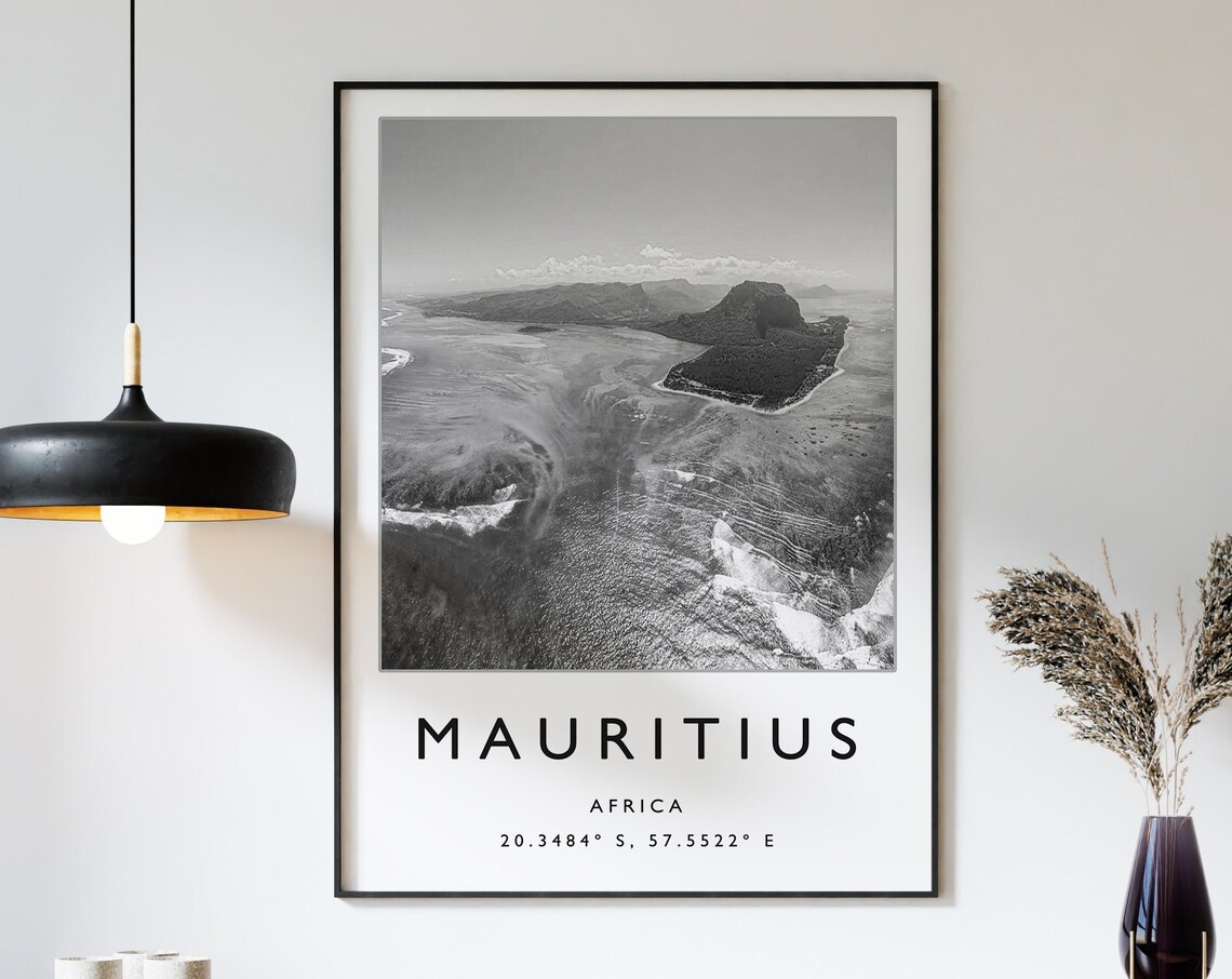 Mauritius Africa Black And White Aerial Island Lagoon Photo Poster