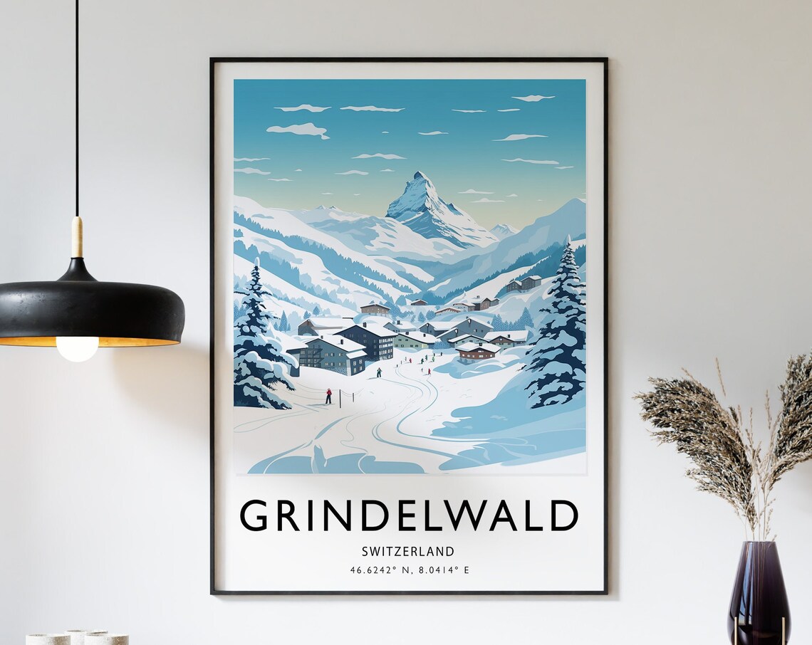 Grindelwald Switzerland Snowy Alpine Ski Village Travel Poster