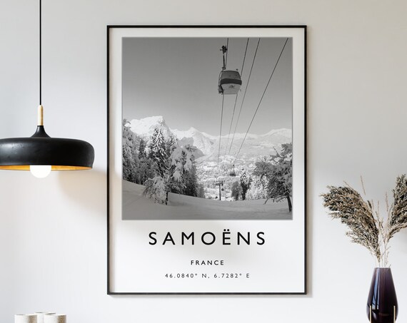 Samoëns France Gondola Snowy Pines Black White Winter Photo Poster