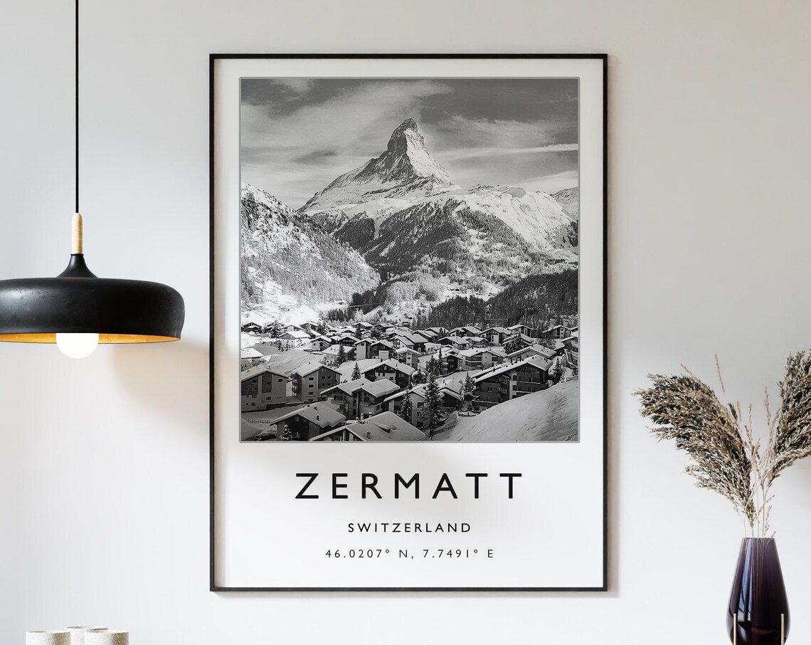Zermatt Switzerland Skiing Travel Poster, Winter Sport Art