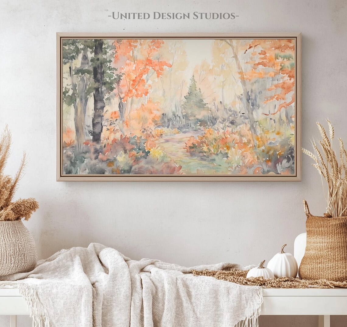 Watercolor Fall Forest Path Orange Leaves Autumn Woods Art Poster - Image 4