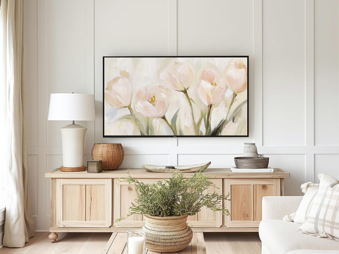 Blush White Tulips Delicate Spring Flower Painting Frame TV Art Poster - Image 4