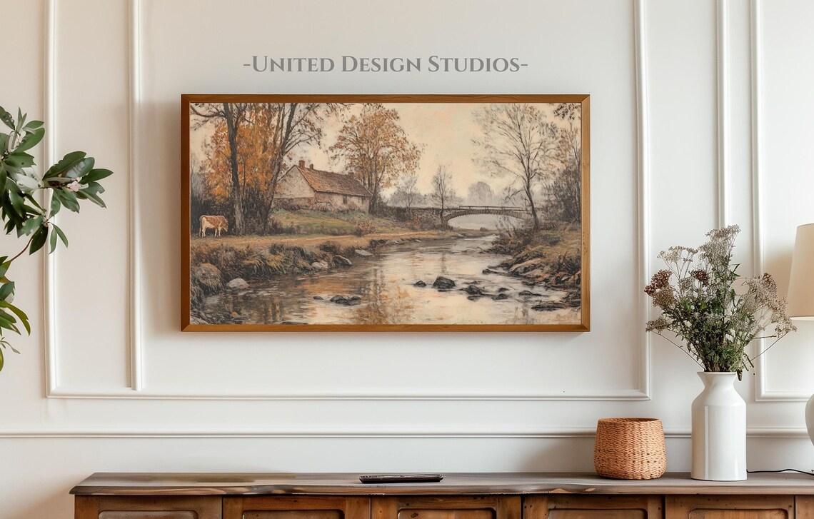 Rustic Cottage River Stone Bridge Cow Autumn Countryside Farm Poster - Image 3