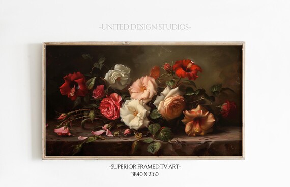 Pink White Roses Valentines Day Frame Tv Art Floral Oil Painting Botanical Flowers Frame Tv Art Dark Moody Decor Baroque Frame Tv Art