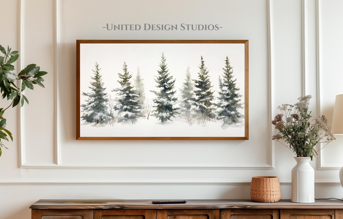 Snowy Pine Trees Minimalist Winter Watercolor Painting Poster - Image 3