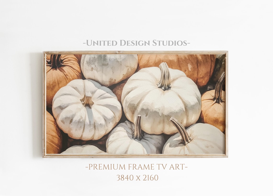 White Pumpkins Patch Watercolor Neutral Fall Harvest Frame TV Art Poster