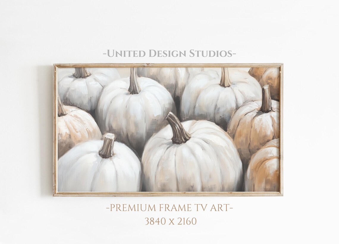 Cream White Pumpkins Harvest Still Life Neutral Fall Frame TV Art Poster