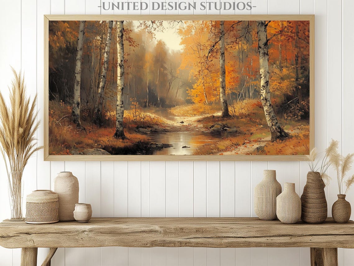 Birch Forest Autumn Stream Orange Gold Vintage Fall Woods Poster - Image 2