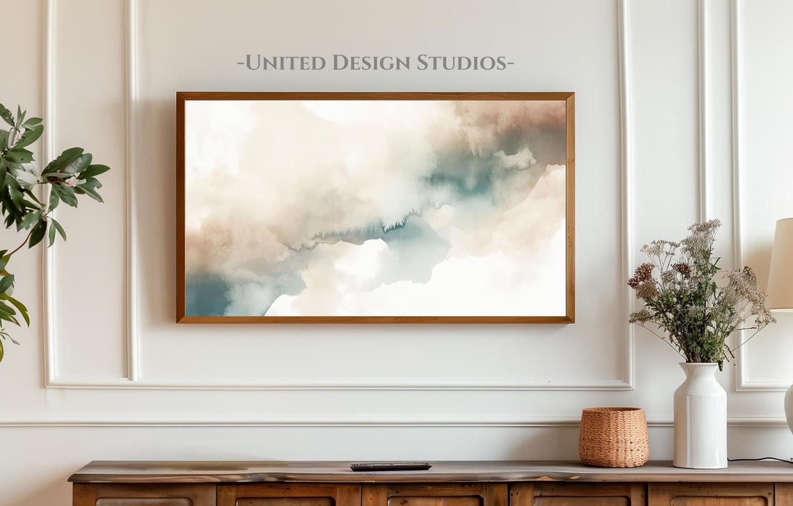 Blue Brown White Abstract Clouds Watercolor Wash Frame TV Art Poster - Image 3