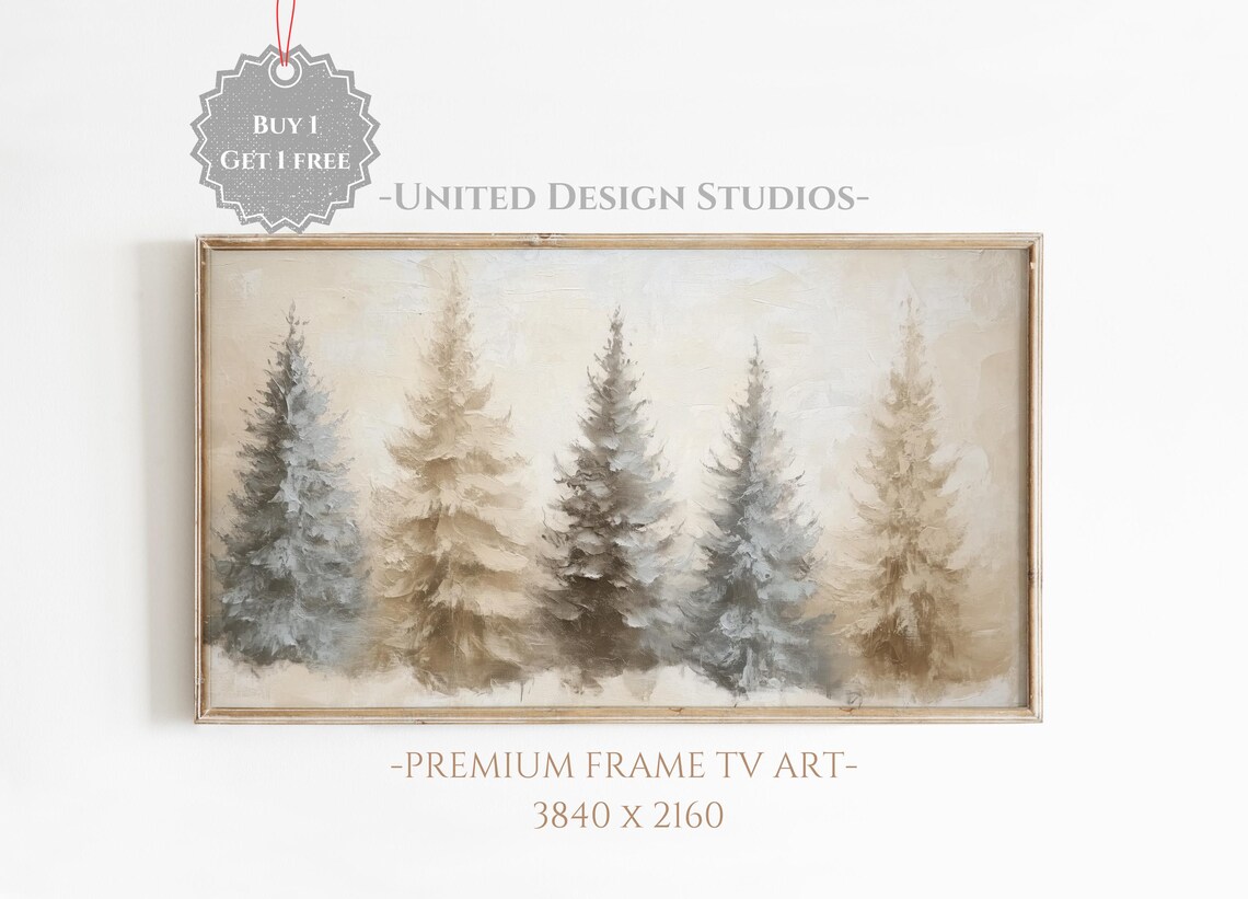 Muted Neutral Snowy Christmas Trees Winter Farmhouse Art Poster