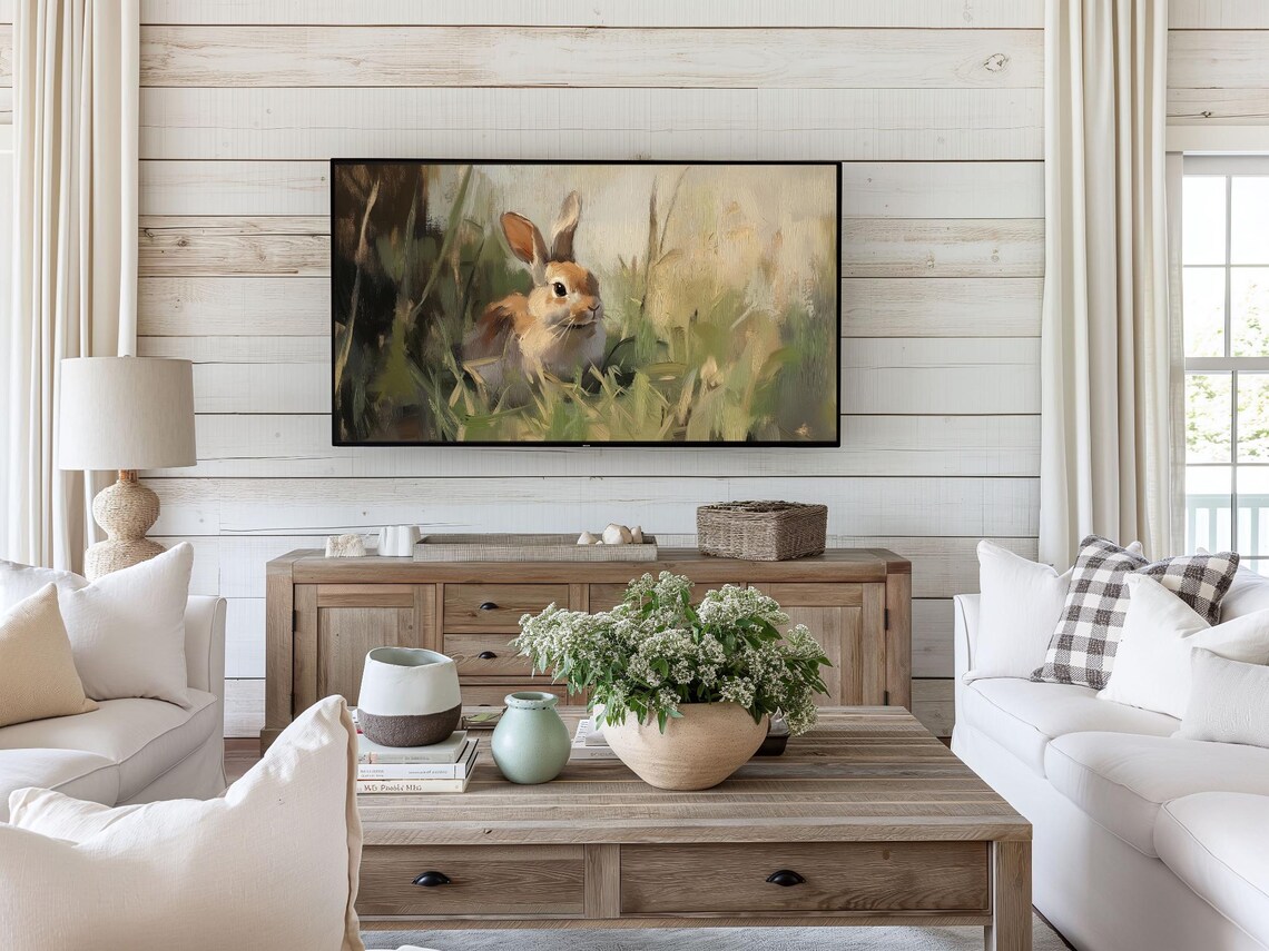 Easter Bunny Frame Tv Art Neutral Spring Rabbit Painting Tv Moody Easter Decor Farmhouse Easter Frame Tv Art - Image 4