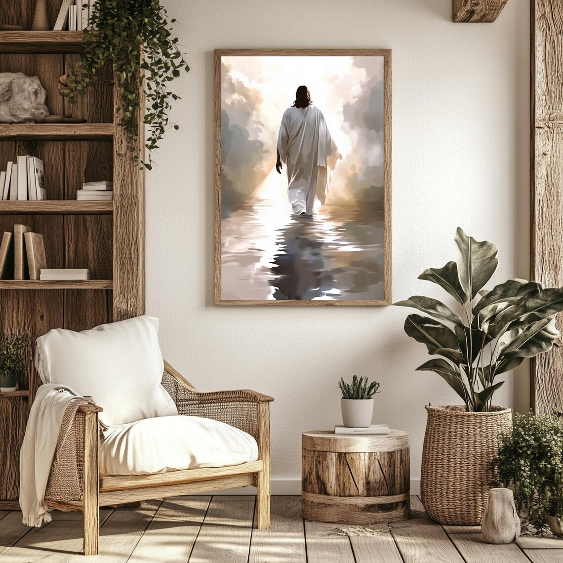 Jesus Walking Into Heavenly Light Water Clouds Christian Faith Art Poster - Image 2