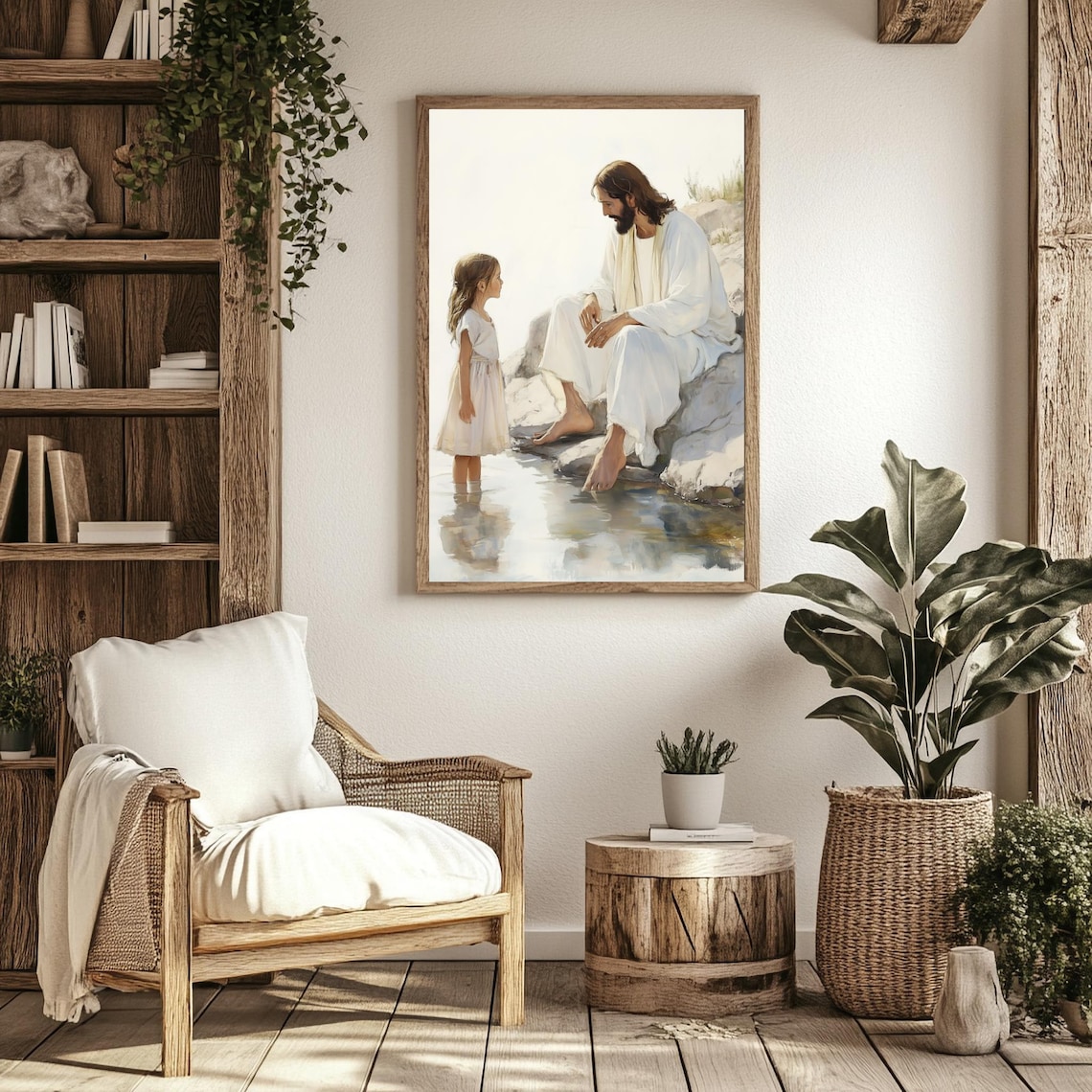 Jesus Sitting With Little Girl At Water's Edge Gentle Moment Watercolor Poster - Image 2