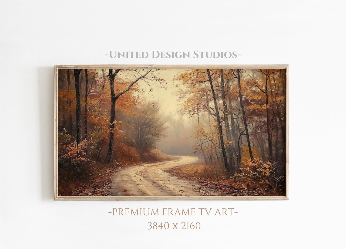 Misty Autumn Forest Road Golden Fall Trees Foggy Path Painting Poster