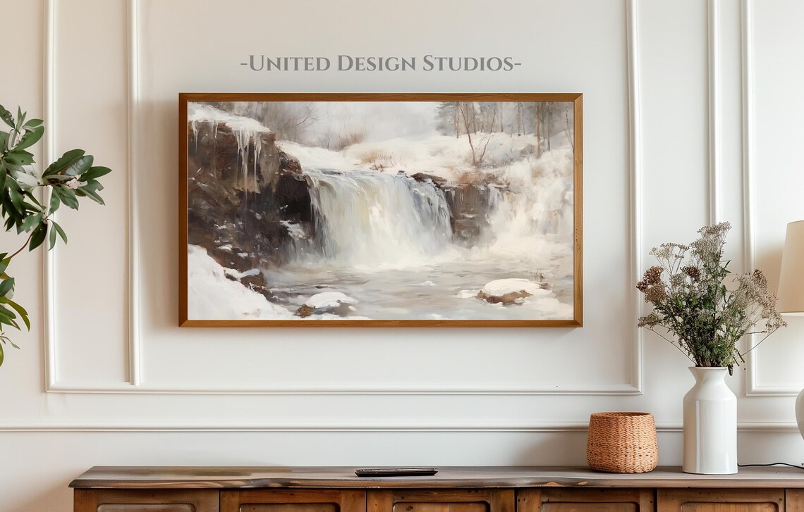 Winter Waterfall Landscape Christmas Art Print - Image 3