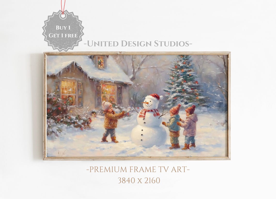 Kids Building Snowman Snowy Cottage Christmas Tree Winter Scene Poster