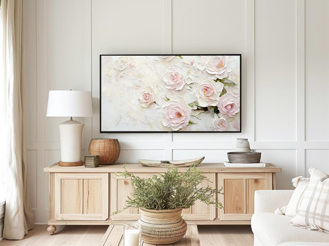 Blush Roses Abstract Textured Spring Floral Oil Painting Wall Art - Image 4