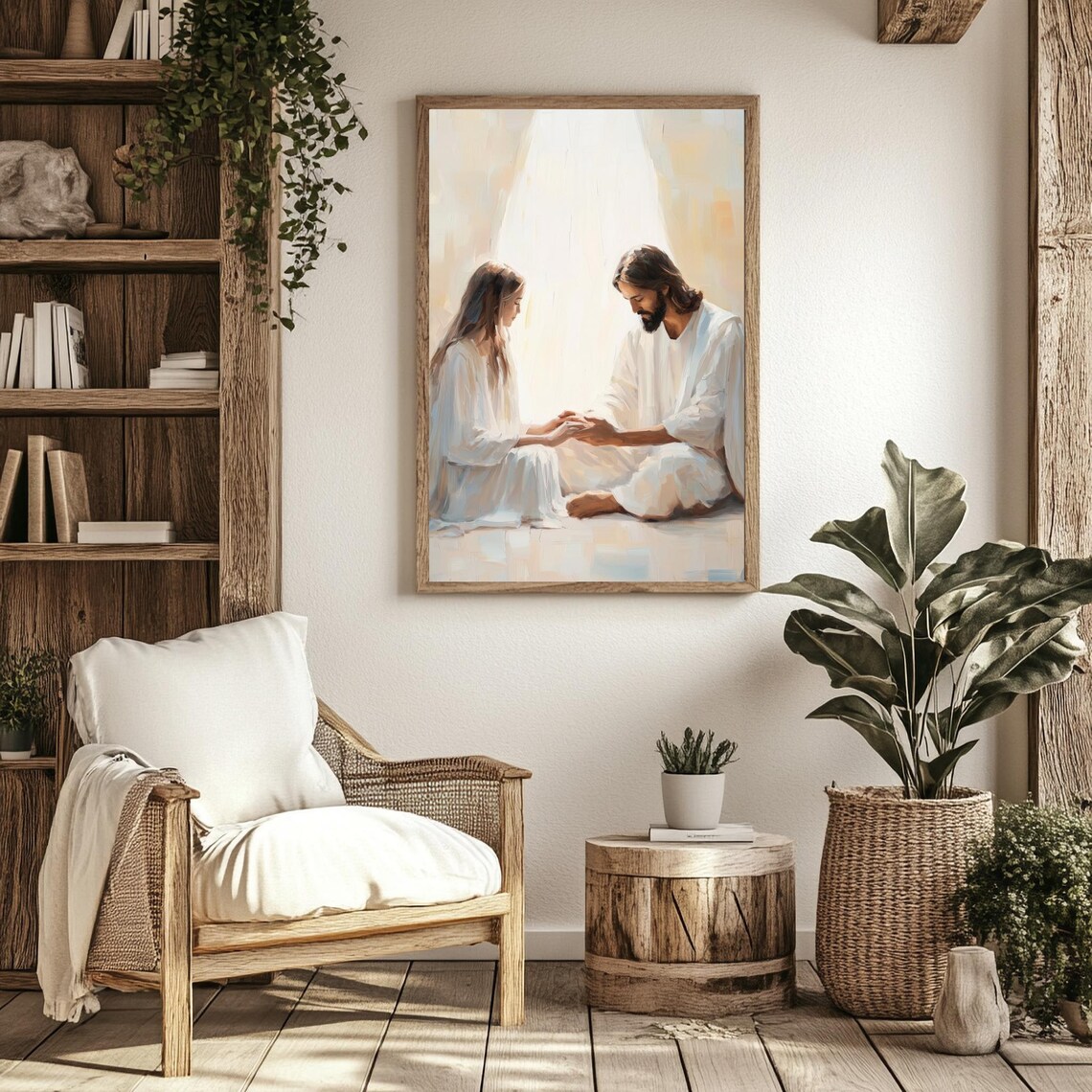 Jesus And Woman Praying Together White Robes Soft Golden Light Faith Poster - Image 2