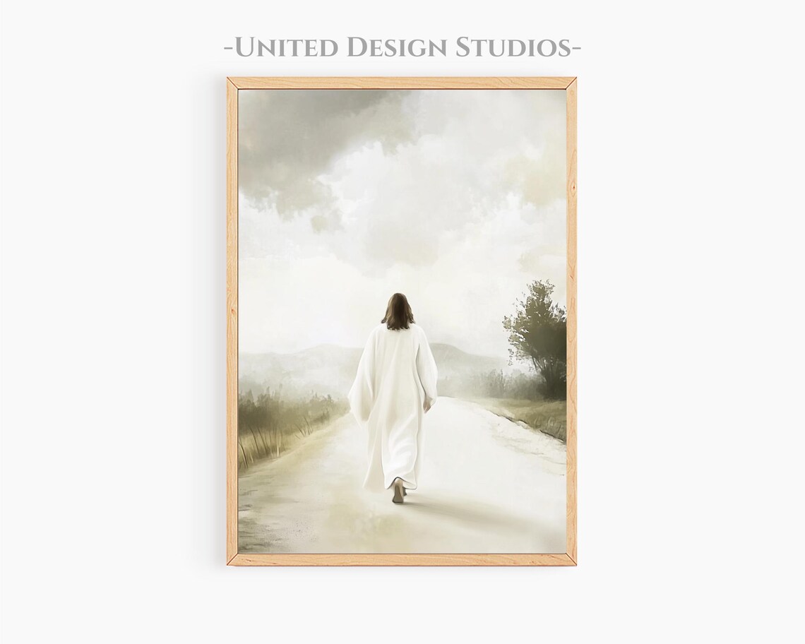Jesus Walking Misty Country Road White Robe Soft Christian Watercolor Poster