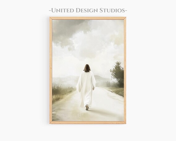 Jesus Walking Misty Country Road White Robe Soft Christian Watercolor Poster