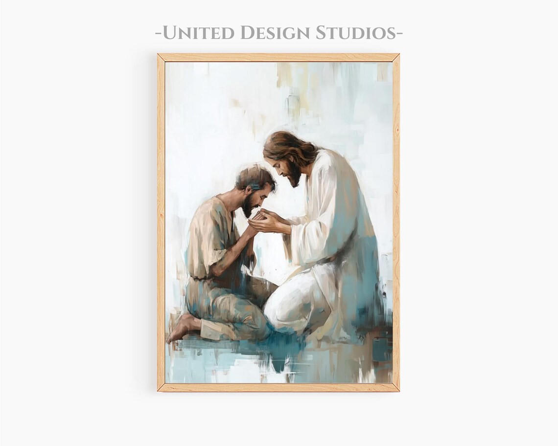 Jesus Praying With Man Foreheads Touching Tender Comfort Blue Watercolor Poster