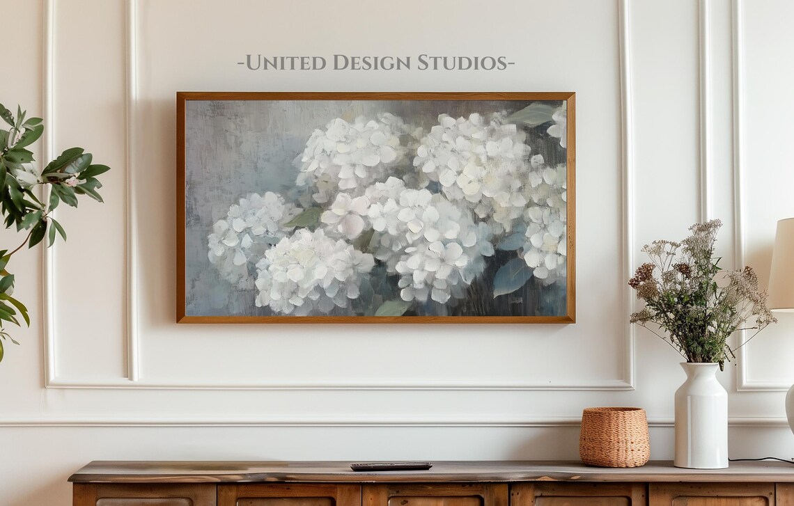 White Hydrangea Blooms Soft Neutral Botanical Oil Painting Poster - Image 4