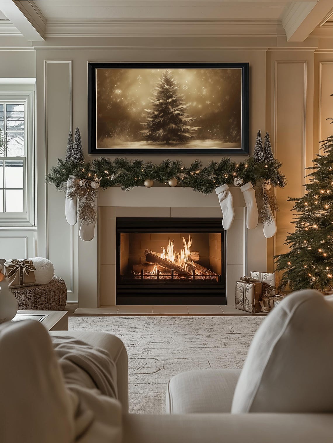 Lone Snowy Pine Tree Golden Nightfall Falling Snow Winter Art Poster - Image 2