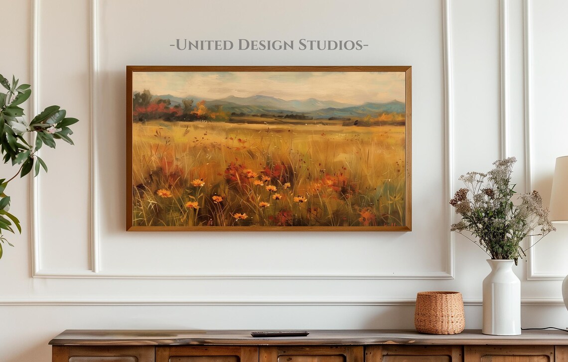 Golden Fall Wildflower Meadow Mountain View Oil Painting Poster - Image 4