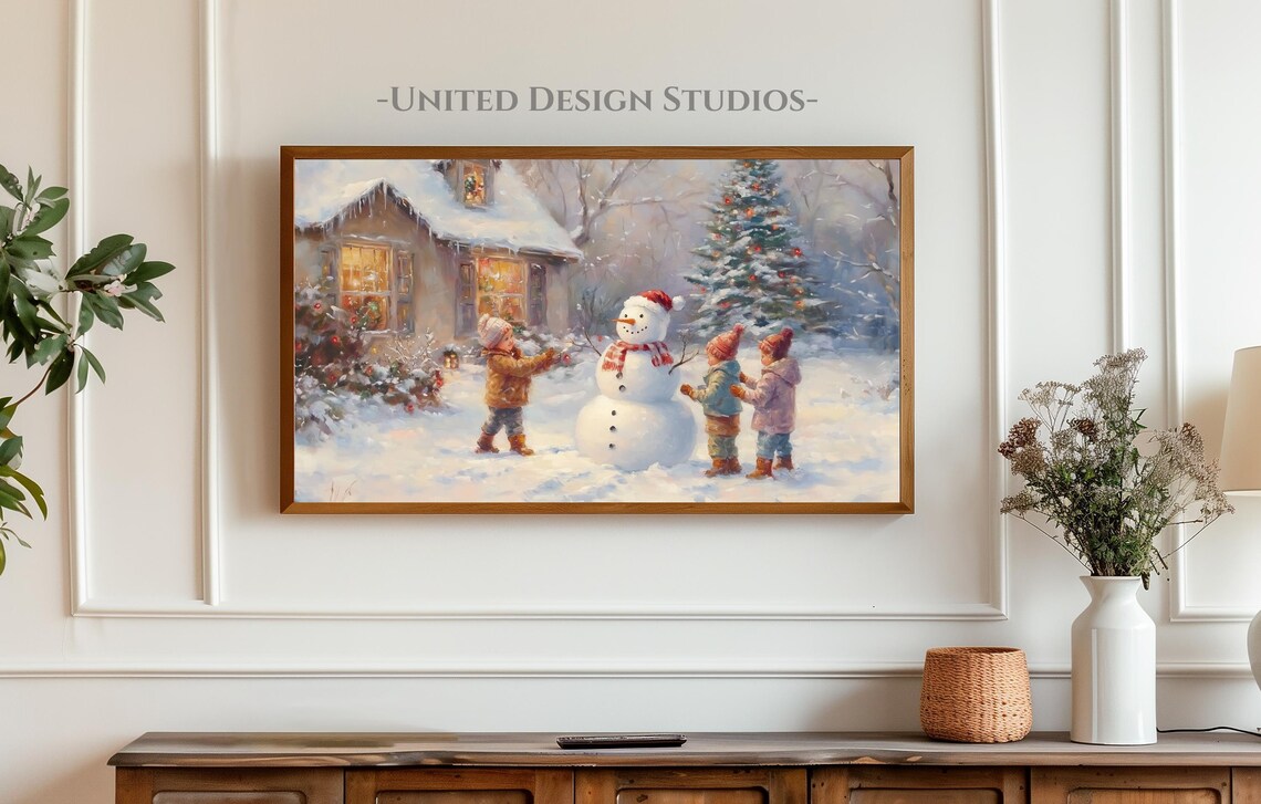 Kids Building Snowman Snowy Cottage Christmas Tree Winter Scene Poster - Image 3