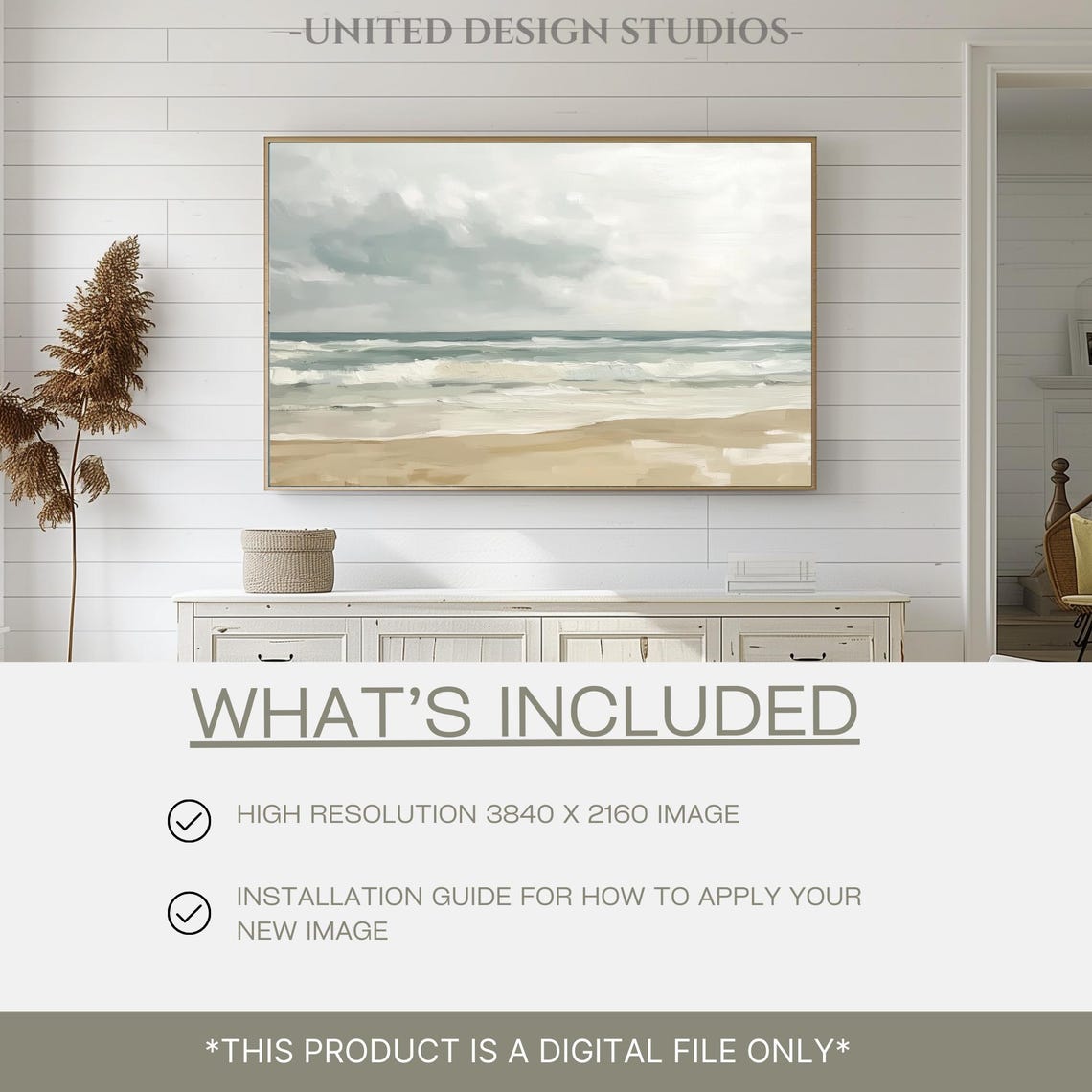 Moody Neutral Seascape Beach Painting Ocean Waves Cloudy Sky Poster - Image 2