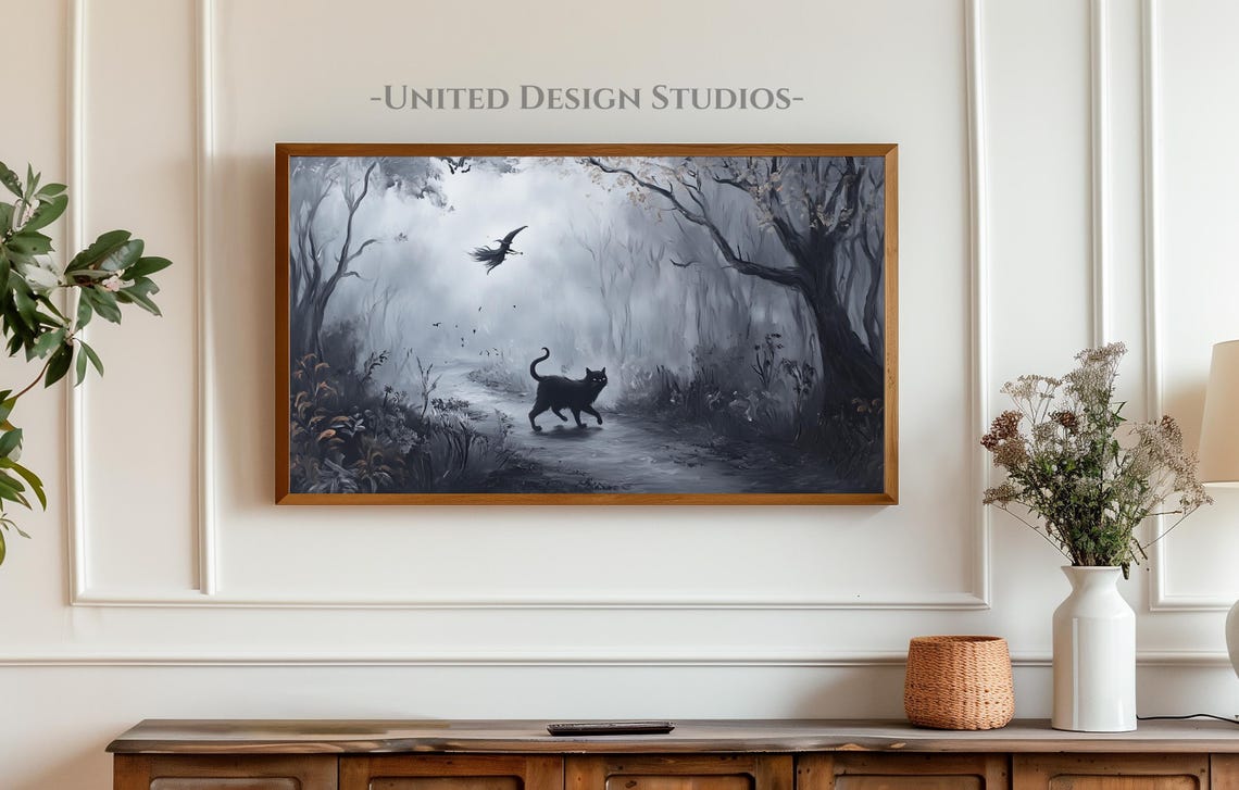 Spooky Halloween Black Cat Misty Forest Witch Flying Vintage Poster - Image 3