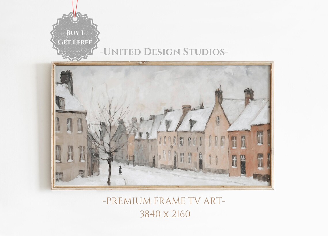 Neutral Winter Village Snowy Street Vintage Painting Art Print