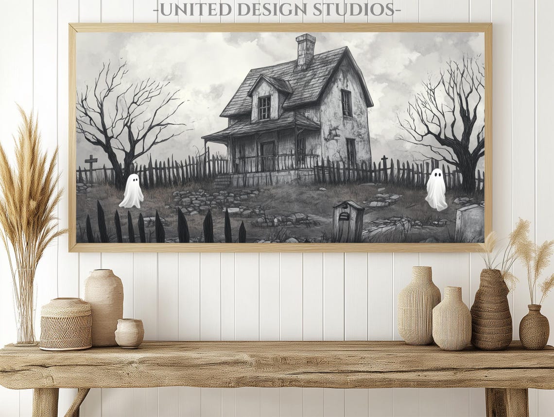 Haunted House Ghosts Gray Spooky Halloween Vintage Style Poster - Image 2