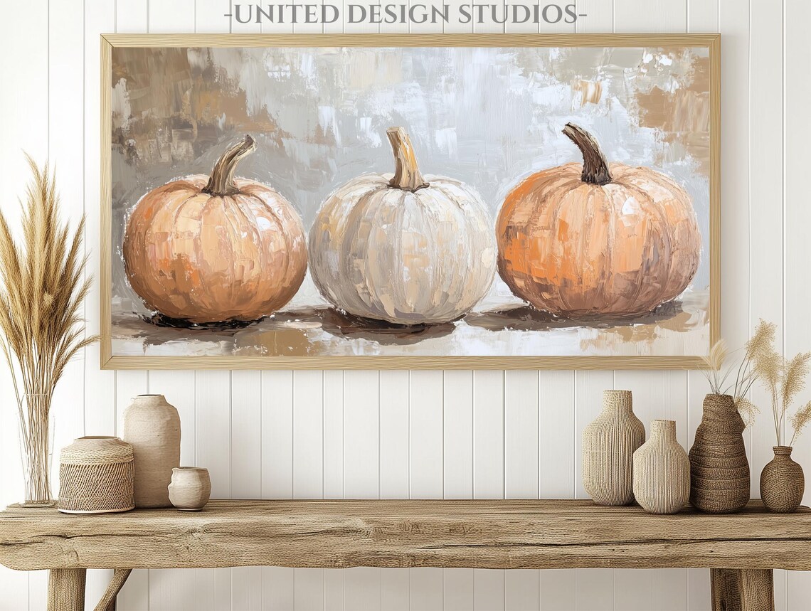 Pumpkin Trio Orange White Textured Oil Painting Rustic Fall Frame TV Poster - Image 2