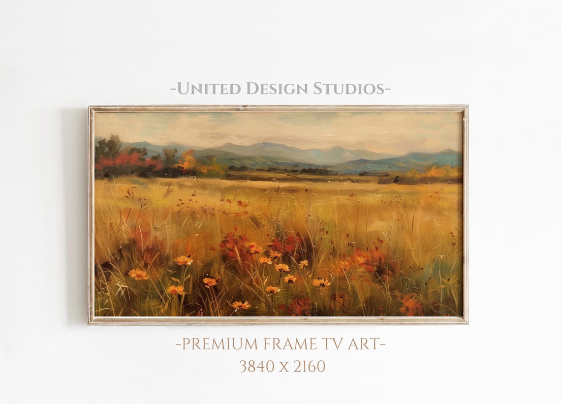 Golden Fall Wildflower Meadow Mountain View Oil Painting Poster