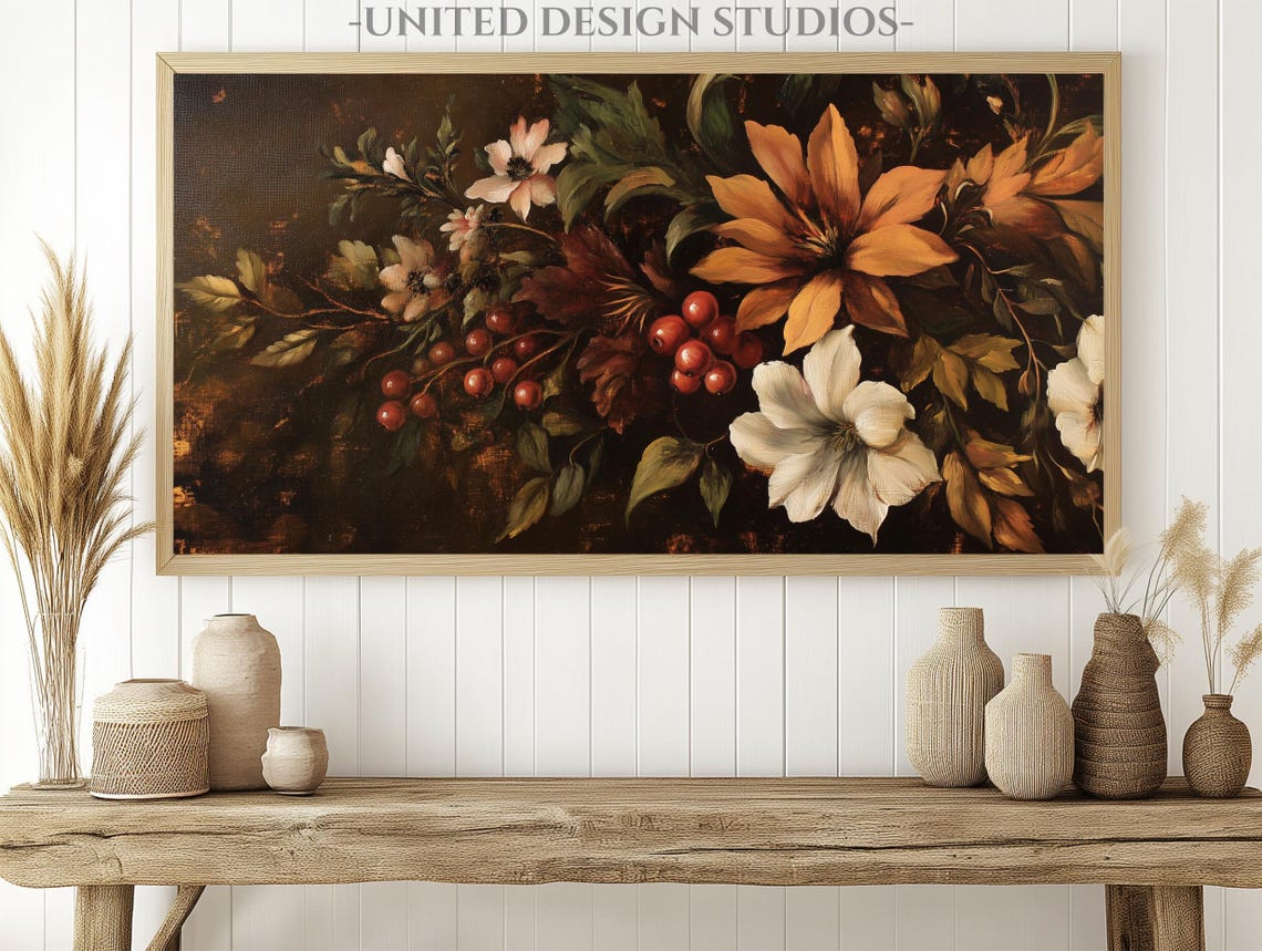 Moody Baroque Fall Flowers Dark Vintage Floral Painting Art Print - Image 2