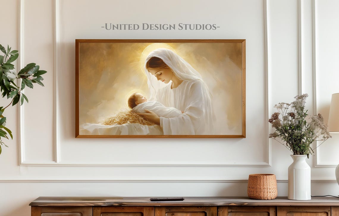 Madonna and Child Jesus Glowing Halo Warm Christian Christmas Poster - Image 3