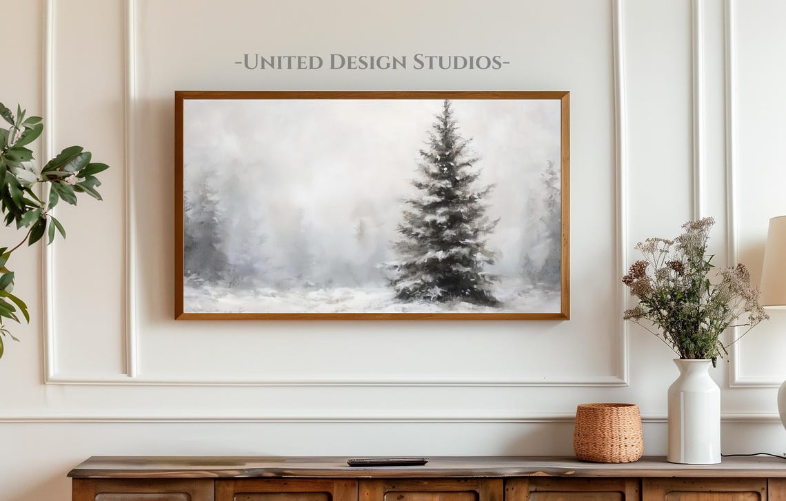 Frame Tv Winter Painting Of Pine Tree Forest Frame Tv Art Moody Winter Frame Tv Art Farmhouse Christmas Oil Painting - Image 3