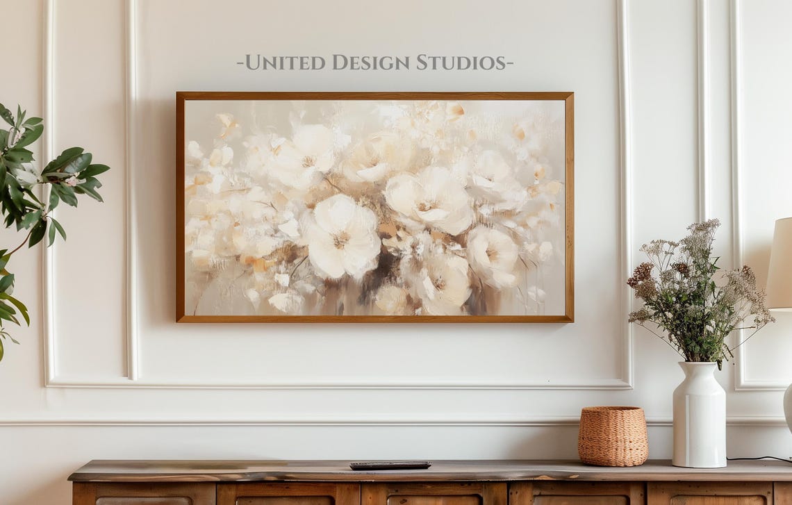Cream White Abstract Floral Blossoms Soft Neutral Oil Art Poster - Image 4