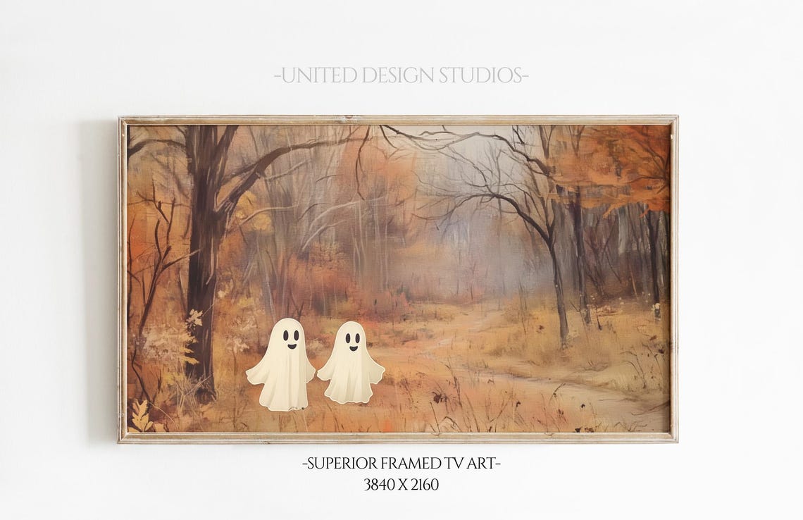 Cute Ghosts Autumn Forest Fall Leaves Halloween Fun Art Poster