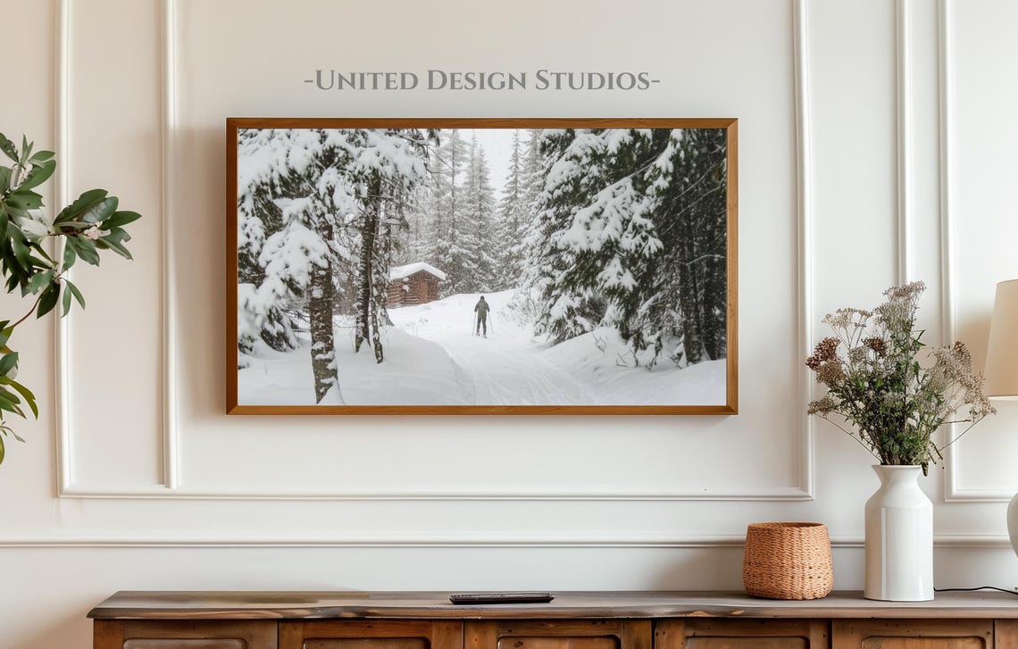 Frame Tv Winter Art Painting Of Skier In Winter Forest Frame Tv Art Farmhouse Winter Mountain Frame Tv Art Christmas Frame Tv Art - Image 3